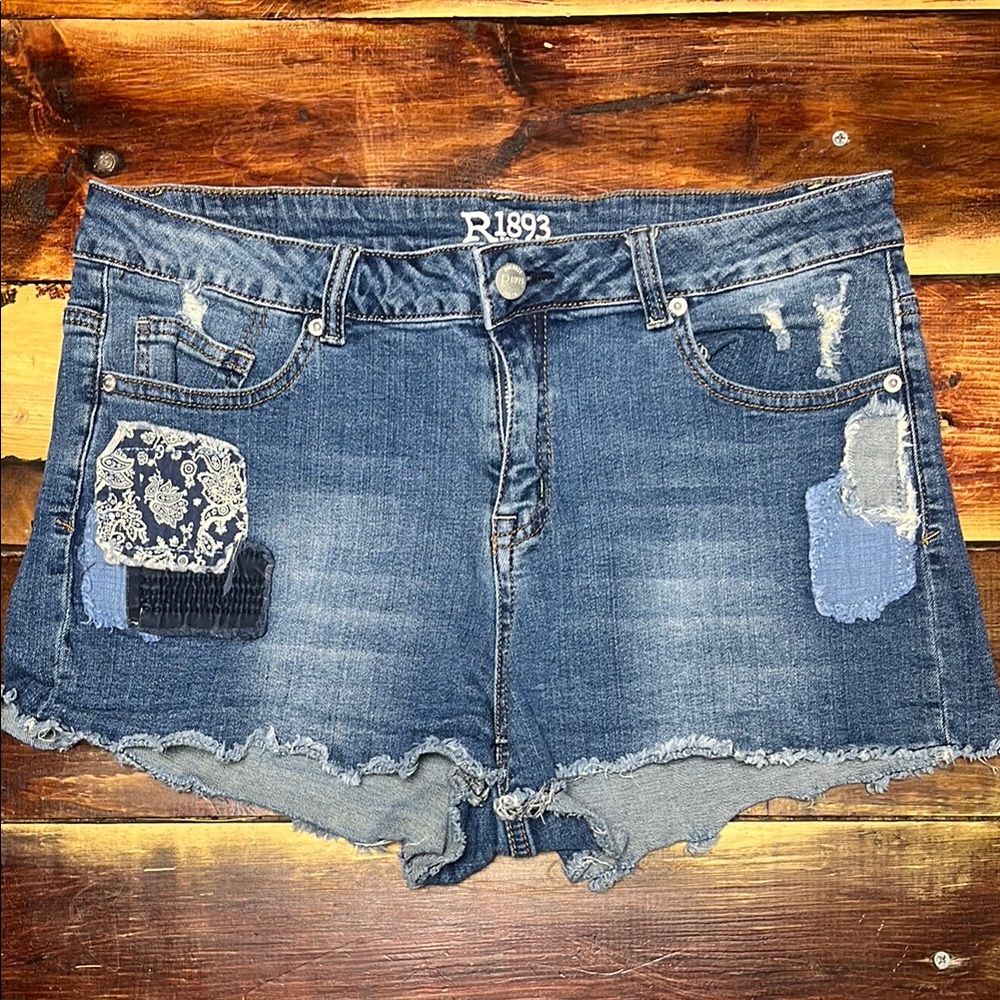 Blue Denim Patchwork Shorts